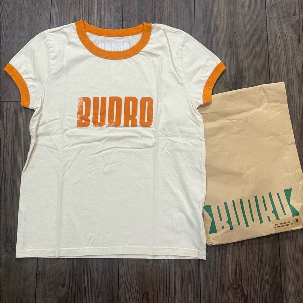 BUDRO Logo Ringer Tee Small Butter Clementine Retro 90s Athletic Shirt USA Made